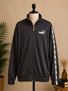 PUMA Black Zip-Up Track Jacket White Logo Tape Sleeve Size Large